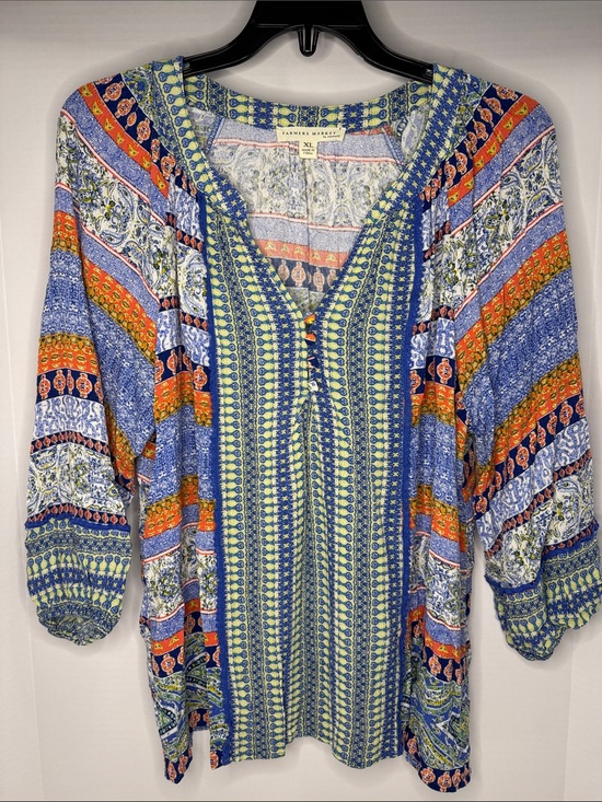 Farmers Market Tops - Bohemian Split‑Neck Tunic in Blue & Orange by Market & Spristle